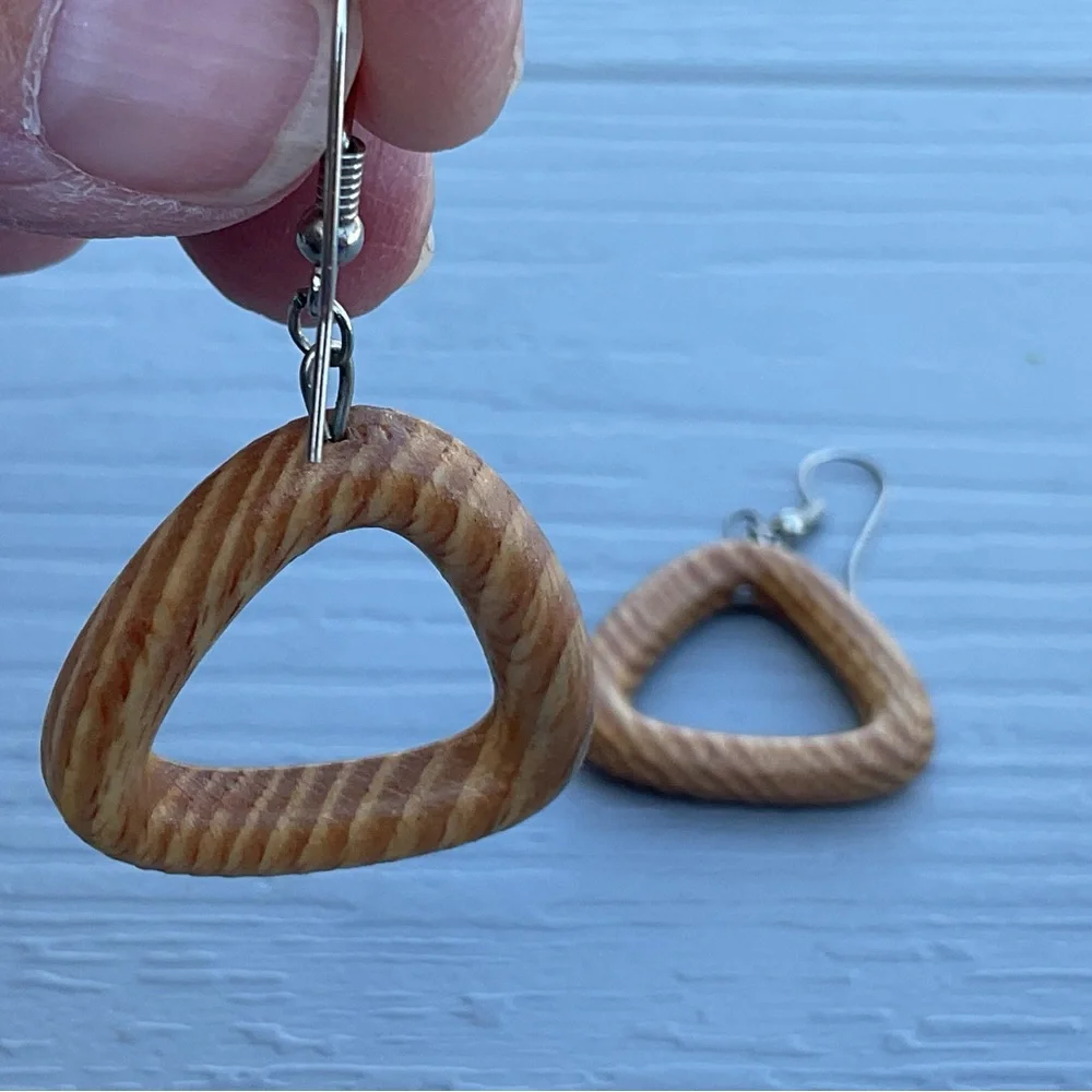 Wood triangle dangle earrings handmade lightweight 1.5” pierced